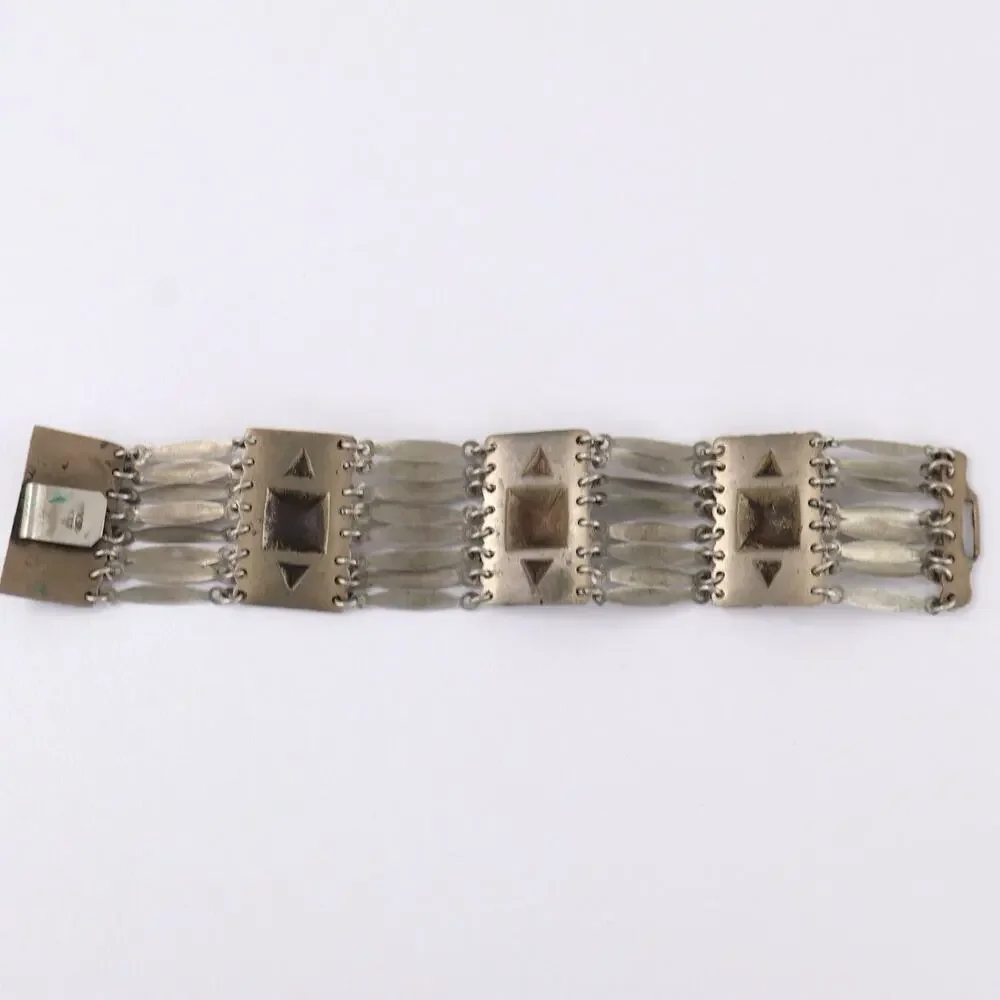 Vintage‎ Sterling Silver Mexico Panel Bracelet Wide Tribal Ethnic Link Cuff 8”